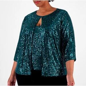 Alex Evenings Sequin Twinset Womens Size 2X Green Dance Party Glam Evening Wear